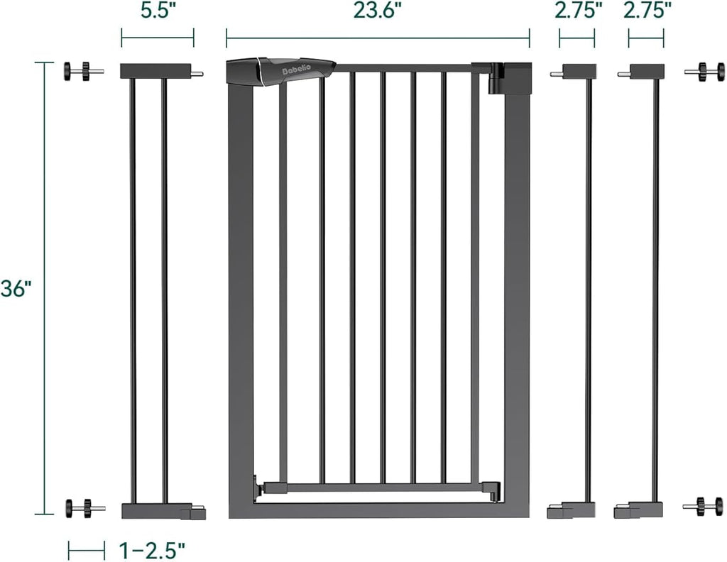 Babelio 36" Tall Baby Gate, 26-40" Wide Auto Close Pet Gate, PressGuard C5 Pressure Mounted Metal Dog Gate, Easy-Install No Drilling, No Tools Needed, with Wall Protectors and Extension Kits, Black