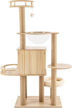 Modern Cat Tree Tower with Multiple Platforms, Cat House, Hemp Rope Scratching Post and Transparent Bed - Rustic Brown and White Design for Indoor Cats