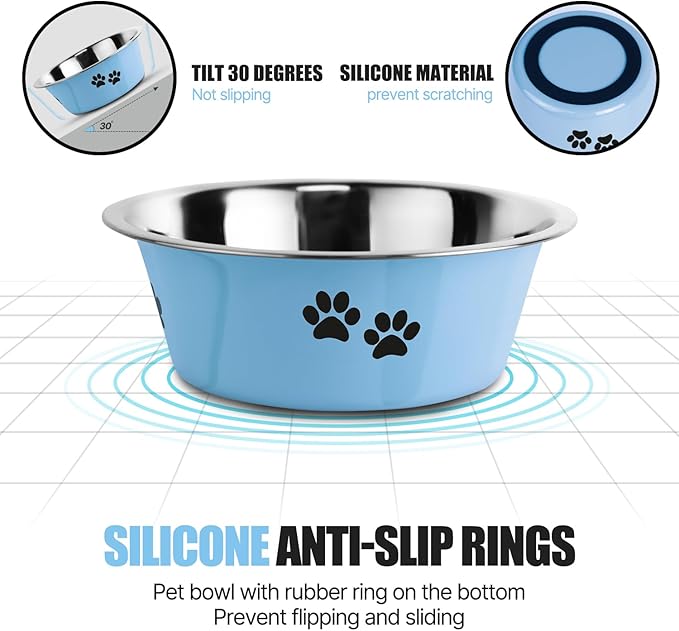 YUDANSI Dog Bowls 2 Pack Small Medium Dogs Feeding Food Water Bowl with Non-Slip Silicone Sole, Stainless Steel Dog Dishes Elevated Raised Pet Feeder (Blue, M(3.6 Cups)