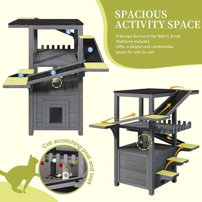 4-Tier Outdoor Cat Tree with Shelter, Wooden Cat Tower with Scratching Post, Cat Outdoor Enclosure, Weatherproof Roof, Easy Assembly, Pine (Grey)