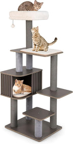 PETSITE 59.5 Inches Modern Cat Tree, Multi-Level Cat Tower with Scratching Posts, Large Condo with Removable Pad, Cushioned Soft Top Perch, and Interactive Dangling Ball (Grey)