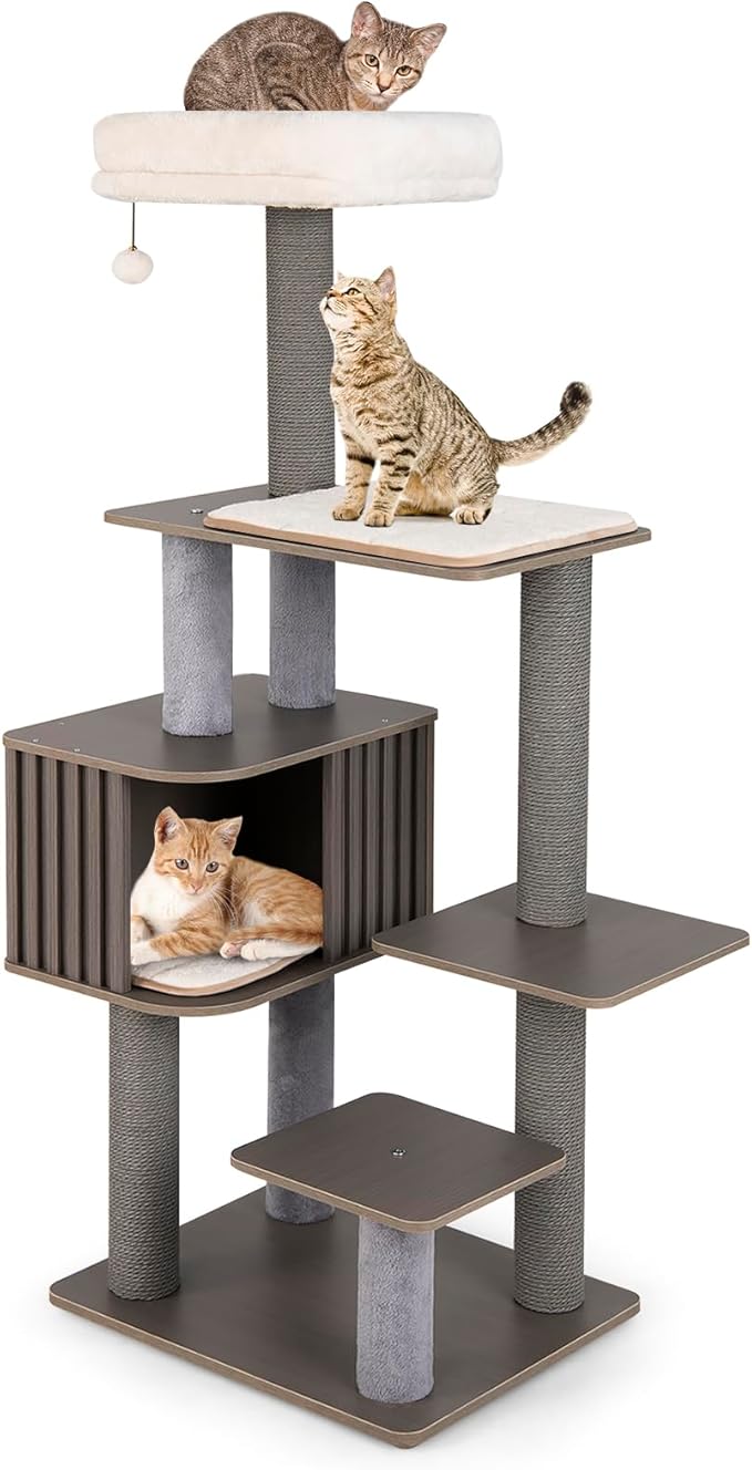 PETSITE 59.5 Inches Modern Cat Tree, Multi-Level Cat Tower with Scratching Posts, Large Condo with Removable Pad, Cushioned Soft Top Perch, and Interactive Dangling Ball (Grey)