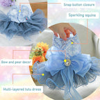 ANIAC Blue Cat Wedding Dress with Bow Knot Dog Wedding Outfit Formal Puppy Clothes for Girl Small Dog Luxury Pet Party Dress for Kitten Chihuahua Yorkie Pomeranian (Blue-2, X-Large)