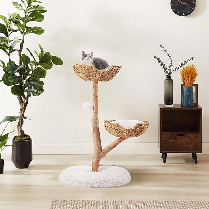 unipaws Wood Cat Tree Tower for Large Cats 20lbs, Updated Enlarge 24" Base with Dual Woven Baskets, 41" H Cat Activity Tree with Plush Cushions and Scratching Post