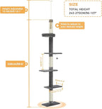 PETEPELA Cat Tower 5-Tier Floor to Ceiling Cat Tree Height(95-107 Inches) Adjustable, Tall Climbing Tree Featuring with Scratching Post, Cozy Bed,Interactive Ball Toy for Indoor Cats/Kitten Grey