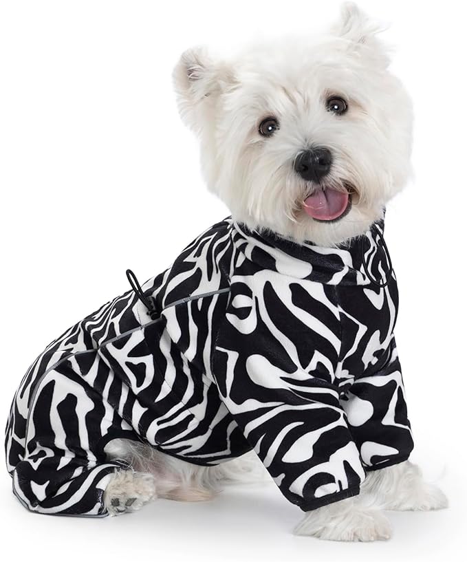 Fleece Dog Coat for Small Medium Dog,Pullover Pajamas Jumpsuit Bodysuit Puppy Coats with Legs, Pet Windproof Warm Cold Weather Jacket Full Body Vest Cozy Snowsuit Outfit Clothes (Zebra Striped, XS)