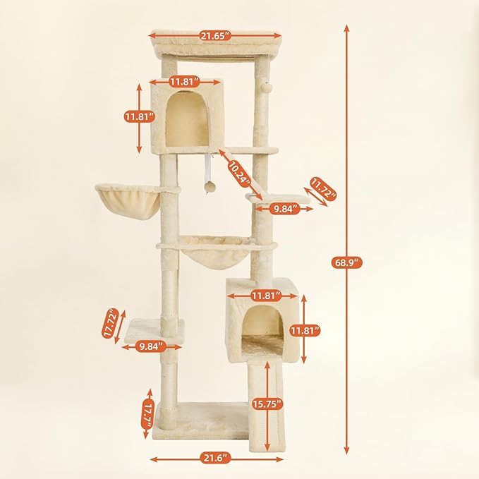 68.9-inch (175cm) Multi-Level Cat Tree with 2 Scratching Boards, 2 Plush Beds, Hammock & Toy Ball for Indoor Cats(Beige)