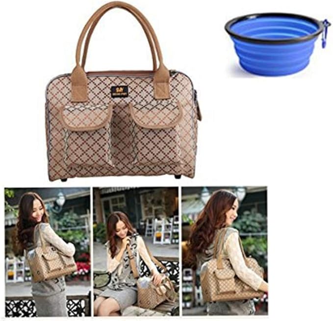 Hubulk Dog Carrier Bag Pet Tote Bag Doggie Handbag Cat Purse Puppy Pouch, Free Collapsible Dog Bowl Included (S Khaki)