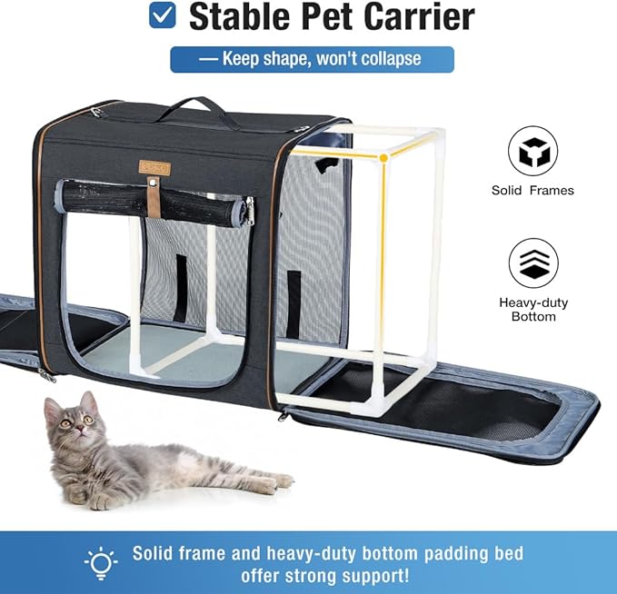Lekereise Large Cat Carrier for 2 Cats, 2-in-1 Cat Travel Carrier with Litter Box, (17.7" x2) x16.5"x13" Pet Carrier with Zipper Locks for Moving Across The Country (No Hammock) - Black
