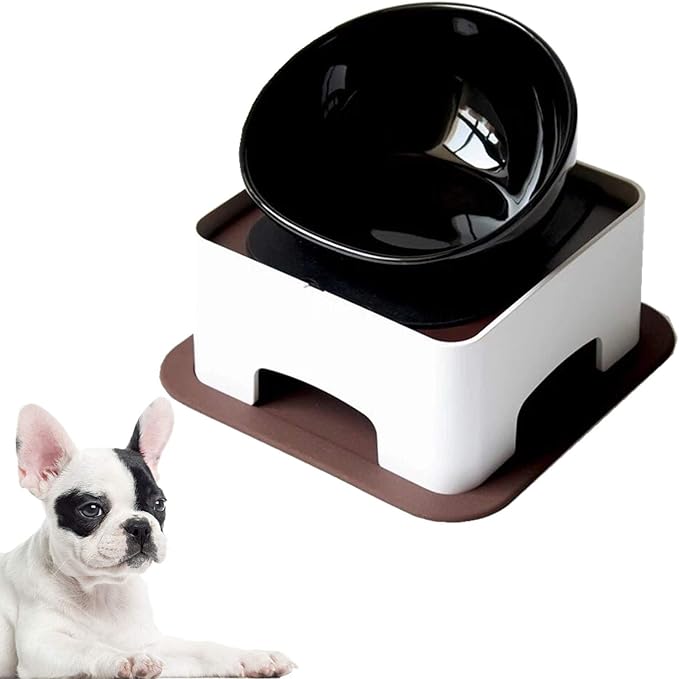 Bulldog Bowl Ceramic Dog Food Bowl - Dog Cat Dish Wide Mouth Dog Bowl Pet Sterile Tilted Pet Feeder with Anti-Skid Rubber Mat (M/1.5 Cup(Black Bowl))