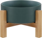 Raised Ceramic Cat Bowl - Cat Food Bowl with Bamboo Stand - Elevated Dog Food Dish for Puppies - Comfort Eating - 13.5 oz - 400 ml - Green