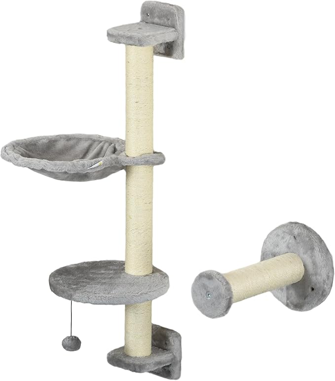 PawHut 4Pcs Wall Mounted Cat Shelves, Cat Climber with Hammock, Perches, Ladder, Scratching Post, Cat Wall Furniture for Large Cats, Grey