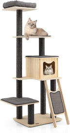 Tangkula Tall Cat Tree, 69 Inch 5-Tier Wood Cat Tower with Scratching Sisal Posts, Top Perch, Cute Cat Condo, Modern Cat Tree with Washable Cushions for Indoor Cats Large Adult (Grey)