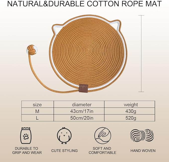 Personalized Cat Scratcher Mat, Customized with Name Text Natural Cotton Rope Round Horizontal Cat Scratching Pads with Ball Toy, Cat Furniture Protector for Wall, Couch, Carpets, Sofa (Brown)