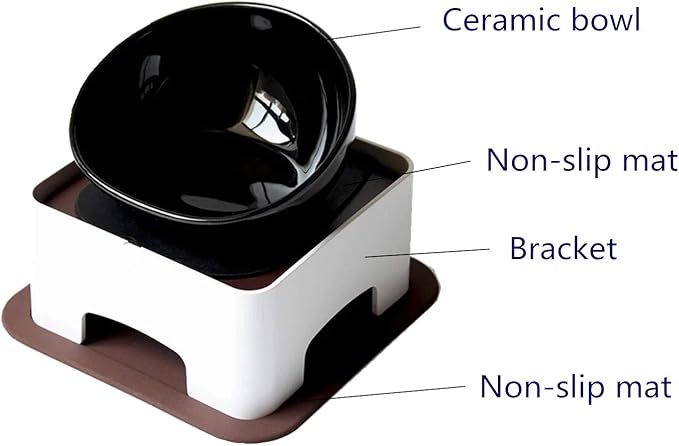 Bulldog Bowl Ceramic Dog Food Bowl - Dog Cat Dish Wide Mouth Dog Bowl Pet Sterile Tilted Pet Feeder with Anti-Skid Rubber Mat (M/1.5 Cup(Black Bowl))