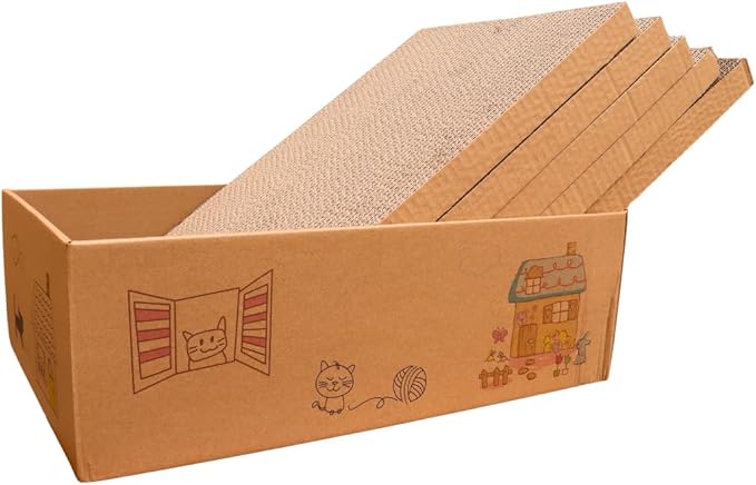Cat Scratch Pad with Box 5 in 1, Cardboard Cat Scratcher, Cat Scratcher Cardboard, Scratching Pads for Indoor Cats, Cat Scratching Post Reversible Cat Scratching Board (5 Pack with Box)