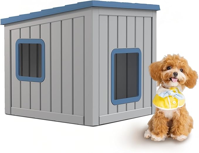DRATO Outdoor Dog House Indoor and Outdoor Sloped Roof Resin Material with Weatherproof Roof Removable Floors for Small to Middle Sized Dogs Easy to Assemble（Blue，24.65 * 21.5 * 22.21