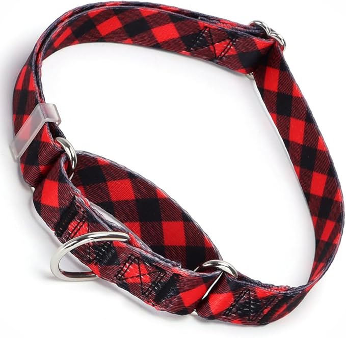 Red Plaid Print Martingale Collar, No-Slip Escape Proof Choke No Pull Soft Nylon Training Dog Collars for Small Medium Large Breed Pet Dogs, S