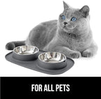 GORILLA GRIP Feeding Mat Bowl Set, 100% Waterproof BPA Free Silicone Base, 304 Stainless Steel Cat and Dog Bowls for Food and Water, Slip Resistant, High Edge, US Designed, Patent Pending, 1 Cup Gray