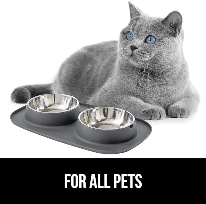 GORILLA GRIP Feeding Mat Bowl Set, 3 Cup 100% Waterproof BPA Free Silicone Base, 304 Stainless Steel Cat and Dog Bowls for Food and Water, Slip Resistant, High Edge, US Designed, Patent Pending, Gray