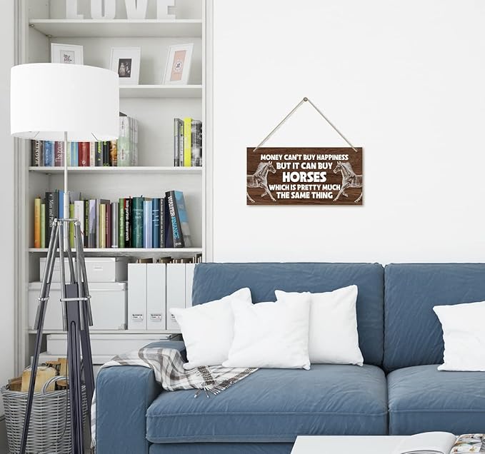 Horse Themed Wood Decor Sign, Money Can't Buy Happiness but It Can Buy Horses, Hanging Printed Wooden Plaque Décor, Funny Horse Wall Artwork, Home Office Décor Sign, Gift for Girls Women 12x 6inch