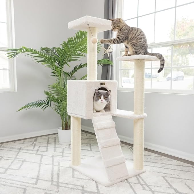 Multi-Level Cat Tree with Sisal Scratching Posts, Cozy Condo, Perches, Ladder and Hanging Toy, Beige, 53 Inches Tall