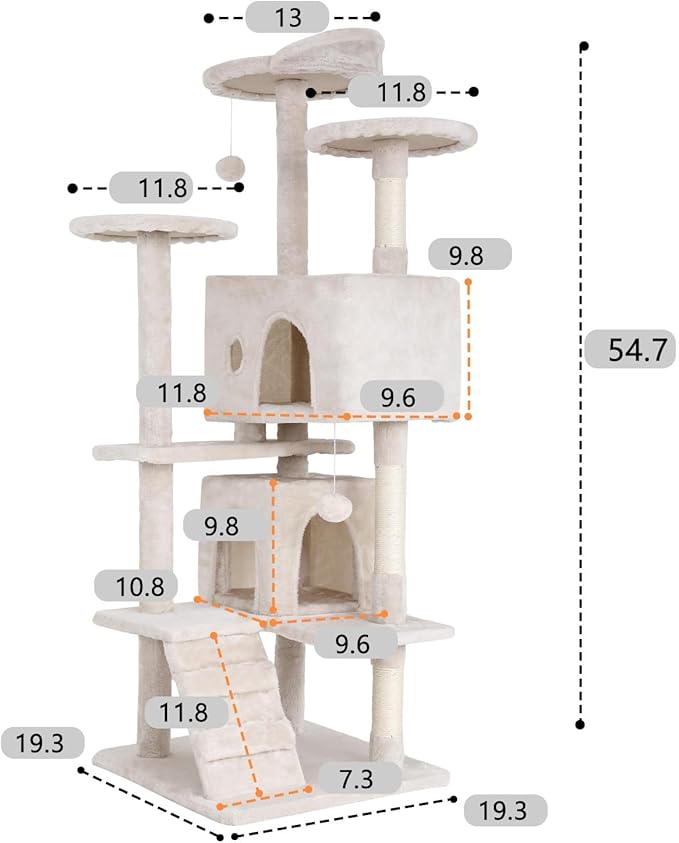 BestOffice 54 Inch Cat Tree, Multi-Level Cat Tower with Condo, Perches, Sisal Scratching Posts, Climbing Ladder,Indoor Activity Center Play House for Kittens & Adult Cats, Beige