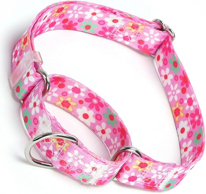 Pink Floral Print Martingale Collar, No-Slip Escape Proof Choke No Pull Soft Nylon Training Dog Collars for Small Medium Large Breed Pet Dogs, S