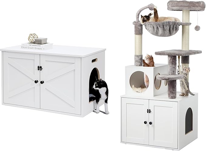 Cat Tree and Litter Box Enclosure Bundle, Hidden Cat Litter Box Furniture with Scratching Post, Wooden Cat Washroom Furniture, Modern Cat Condo, White