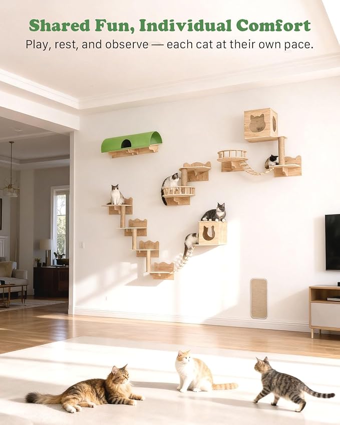 Cat Wall Shelves, 18 in 1 Cat Wall Furniture with Green Tunnel, Condos, Bridge, Climbing Post & Scratching Pad Modular Wall Mounted Cat Playground for Large Spaces & Multi-Cat Homes