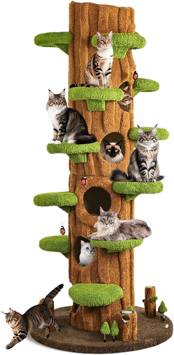 90.5'' Luxury Cat Tree for Indoor Cats, All-in-One Tall Cat Tower with Scratching Post, Multi-Level House, Wood Condo for Multi-Cat Families (Green)