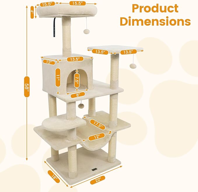 PETSITE Multi-Level Cat Tree, 58 Inches Tall with Sisal Scratching Posts, Condo, Hammock, Dangling Balls, Jumping Platforms, and Cozy Top Perch, Ideal for Indoor Cats to Play and Rest (Beige)