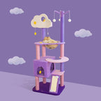 Happy and Polly 52.8 inch Moonlight Cat Tree with Celestial Moon and Star Pendants, Purple Plush Cat Tower with Hammock and Multi Level Perches