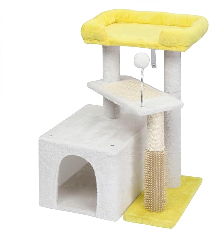 Cat Tree for Indoor Cats, 27'' Small Cat Tower Cat Condo with Sisal Scratching Ramp, Cozy Hammock and Removable Flower Bed Perch for Kittens (Off White)