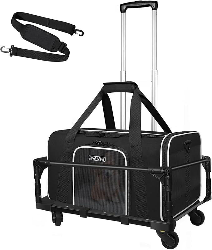 Petskd Small Pet Carrier with Wheels(18" L x 13" W x 9.5" H), Southwest Airlines Approved, Rolling Pet Carrier for Small Dogs & Cats (Black)