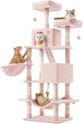 Feandrea Cat Tree, 66.1-Inch Large Cat Tower, Multi-Level Plush Condo with 13 Scratching Posts, 2 Perches, 2 Caves, Basket, Hammock, Pompoms, Jelly Pink UPCT165P01