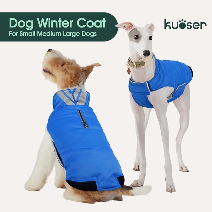 Kuoser Dog Coat Large, Cold Weather Reflective Waterproof Dogs Jacket with Warm Fleece Lining, Turtleneck Dog Winter Coat with Zipper, Doggy Snow Jacket Pet Coats for Small Medium Large Dogs, Blue 3XL