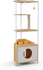 Corner Cat Tower, Cat Tree with Scratching Post, Cat Condo with Feeding Station and Climbing Platforms, Pet Furniture for Indoor Cats