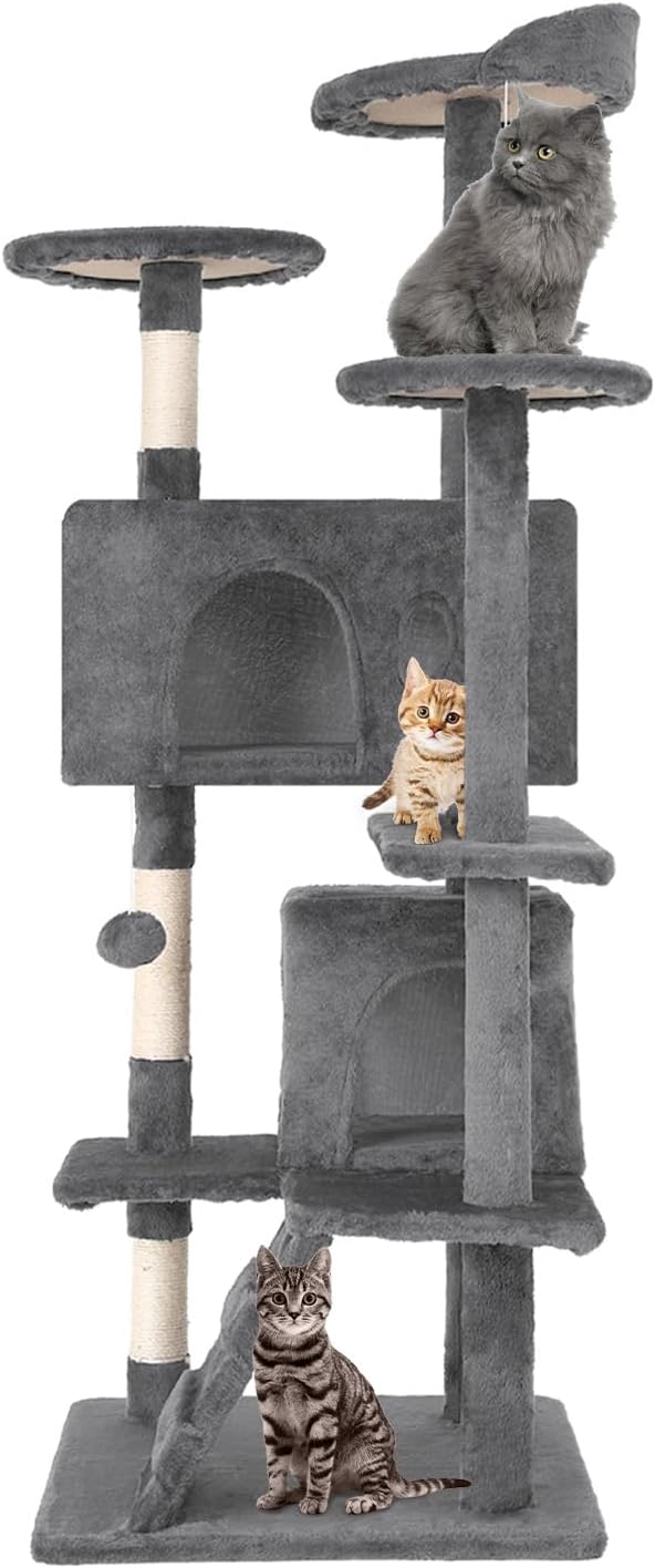 54in Cat Tree Tower for Indoor Cats, Cat Tower with Cat Scratching Post, Multi-Level Cat Furniture, Cat Tower with Funny Toys for Kittens-Light Gray