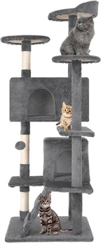 54in Cat Tree Tower for Indoor Cats, Cat Tower with Cat Scratching Post, Multi-Level Cat Furniture, Cat Tower with Funny Toys for Kittens-Light Gray