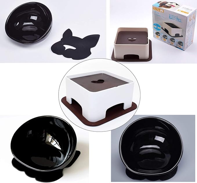 Bulldog Bowl Ceramic Dog Food Bowl - Dog Cat Dish Wide Mouth Dog Bowl Pet Sterile Tilted Pet Feeder with Anti-Skid Rubber Mat (M/1.5 Cup(Black Bowl))