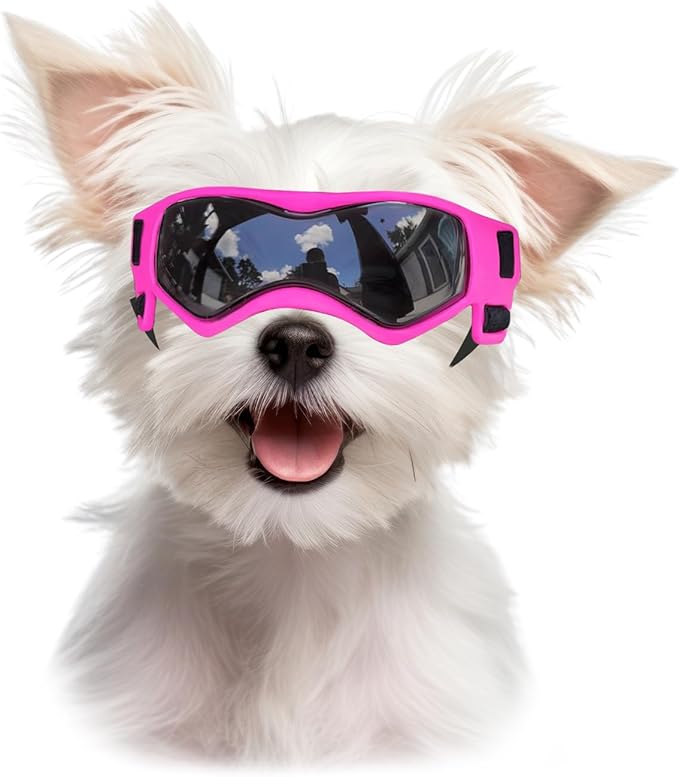 Dog Goggles Dog Sunglasses for Small Breed UV Protection Windproof with Adjustable Head Straps Chin Straps for Ride Car/Hiking Travel/On Beach-Pink