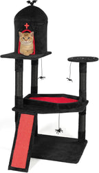 Outvita Gothic 53" Cat Tree with Coffin Bed, Large Cat Tower with Spacious Cat Condo, Scratching Posts, Spider Hanging Toys, Scratching Board, Multi-Level Cat Activities Furniture, Red & Black