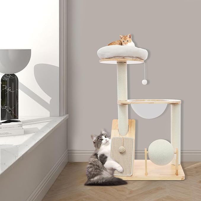 Multifunctional Cat Tree, Wooden Cat Tree Tower with Space Capsule and Scratcher, Cats Climbing Tower Set for Cats Climbing, Scratching, Sleeping, Exercising (Style 02)