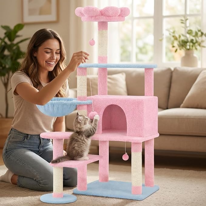 56-inch Flower Cat Tree, Large Cactus Cat Tree Tower Condo with Sisal Scratching Post, Cat Condos, Hammock, Removable Flower Cushion, Multi-Level Pet Activity Center, Pink (Pink-56 inch)