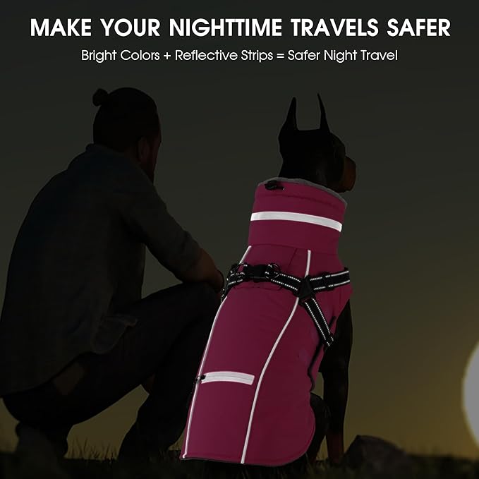 PETDSH Dog Coat Large, Built-in Harness Dog Jacket with Warm Fleece Lining, Waterproof Reflective Dogs Winter Coat, Pet Coats with Pocket and Trash Bags (Pink, X-Large)