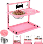SHAINFUN Pink Elevated Dog Bowl Stand with Two 1700ml Stainless Steel Food Bowls, Slow Feeder and Spill Proof Mat, Adjustable Feeder for Large, Medium and Small Dogs