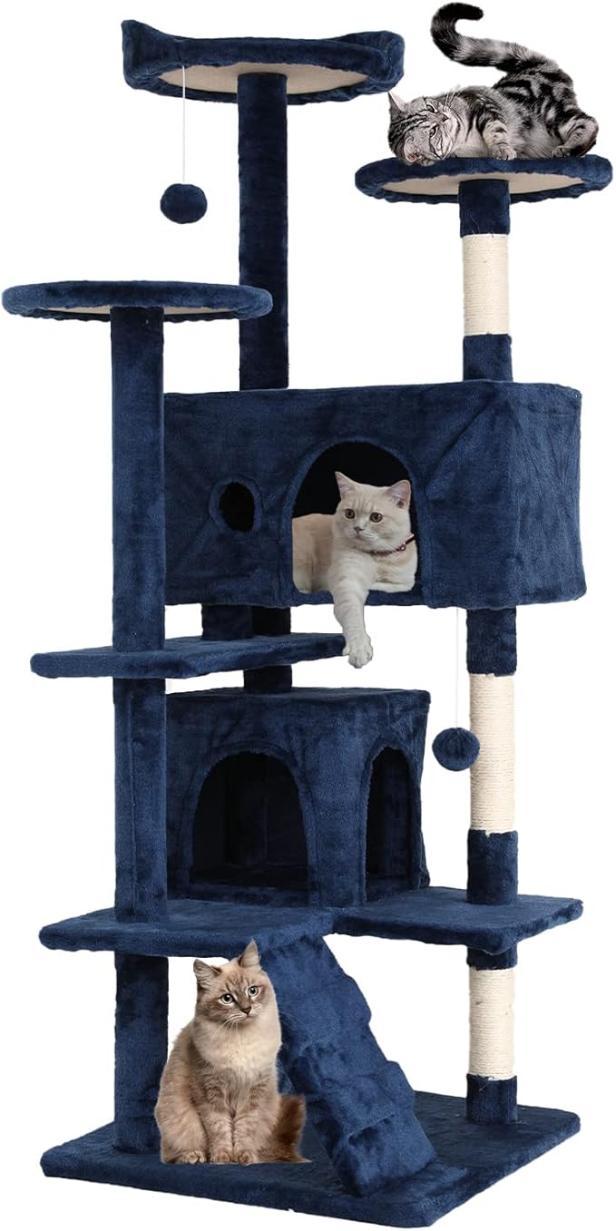 Cat Tree for Indoor Cats Cat Condo Cat Tower with Scratching Post Cat Tease Ball Perches Platform for Small and Medium Cats 54 Inch Multi-Level, Navy Blue