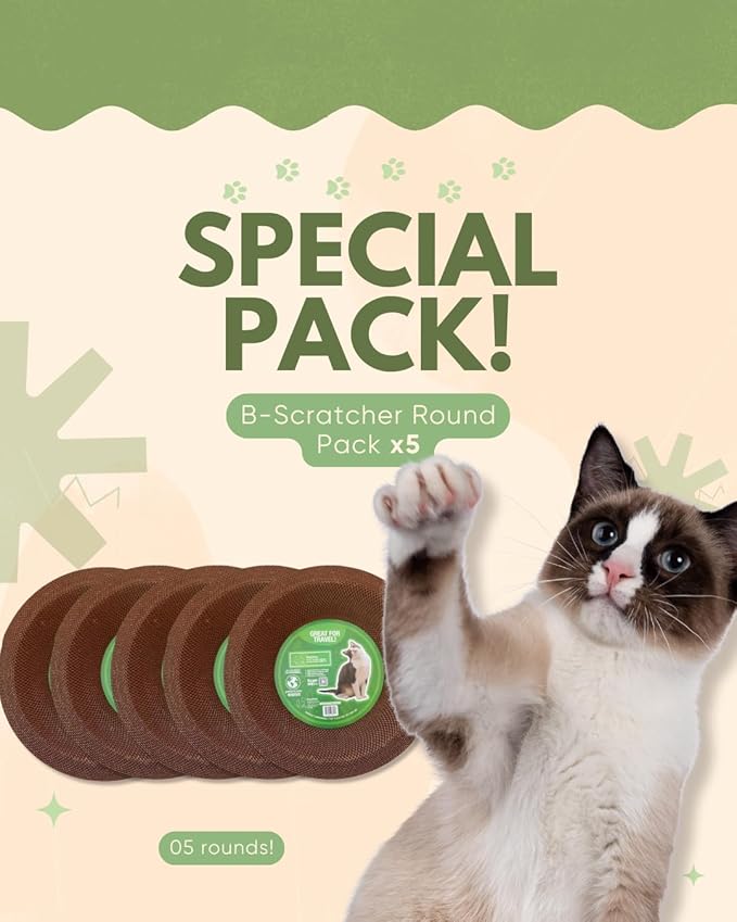 Cardboard Cat Scratchers Pack, Long-Lasting Cardboard Cat Durable Scratching Pads to Protect Furniture, Sturdy Corrugated Design, Safe for Claws (B-Scratcher Round Pack x 5)