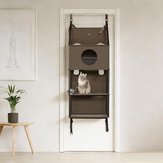 Hanging Cat Tree for Door, 4-Tier Door Mounted Cat Climber with Cat House & Platforms, Over The Door Cat Tower with Removable Pillow, Roller Blind Curtain & Ball Toys, Indoor Cat Hammock Bed